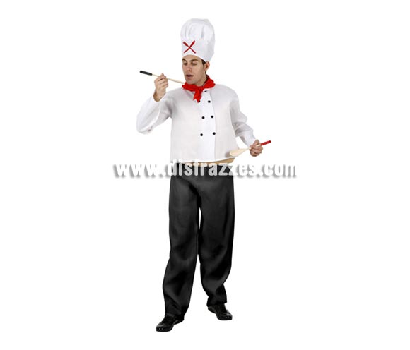 Disfraz de Cocinero para hombre. Talla 2 ó talla standar M-L = 52/54. Incluye gorro, pañuelo, chaqueta, barriga y pantalón.