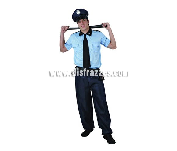 Disfraz barato de Policía para hombre. Talla 2 ó talla standar M-L = 52/54. Incluye gorra, camisa, corbata, cinturón y pantalón.  Porra NO incluida, podrás verla en la sección de Complementos.