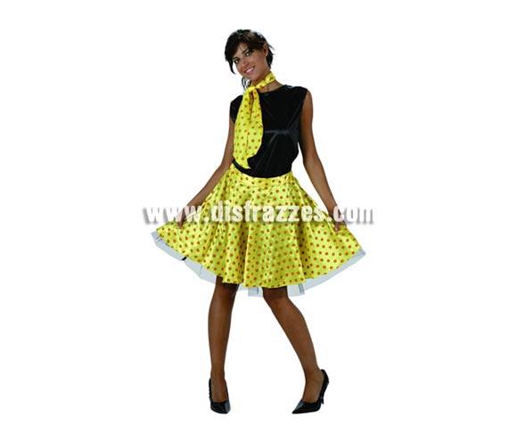 Disfraz barato de chica de los años 50 amarillo para mujer. Talla 2 ó talla standar M-L = 38/42. Incluye camisa, falda y pañuelo.
