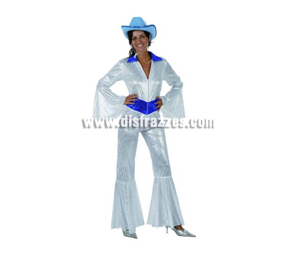 Disfraz de Disco Woman blanco brillo para mujer. Talla 2 o talla standar M-L = 38/42. Incluye mono. Sombrero NO incluido, podrás encontrar en nuestra sección de Complementos. La pareja de éste disfraz es la ref. 96142AT.