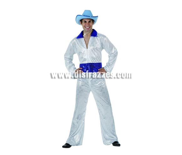 Disfraz de Disco Man blanco brillo para hombre. Talla 2 ó talla standar M-L = 52/54. Incluye vestido. sombrero NO incluido, podrás encontrar en nuestra sección de Complementos. La pareja de éste disfraz es la ref. 96135AT