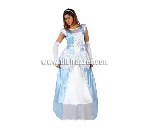 Disfraz barato de Dama o Princesa de Cuento azul para mujer. Talla 3 ó talola XL = 44/48. Incluye vestido, tocado y acc. brazos. Podría servir para disfrazarse de la Cenicienta.