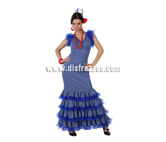 Disfraz de Flamenca azul con lunar blanco para mujer. Talla 3 ó talla XL 44/48. Incluye disfraz. Perfecto para la Feria de Abril, la Feria de Málaga, etc.etc.