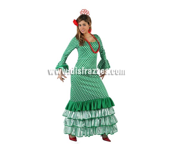 Disfraz de Faralae verde con lunar blanco para mujer. Talla 3 ó talla XL 44/48. Incluye vestido. Complementos NO incluidos. Disfraz de Sevillana, Flamenca o Gitana de mujer perfecto para la Feria de Abril.