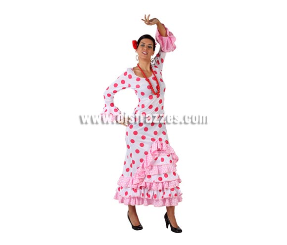 Disfraz de Faralae blanco con lunar rosa para mujer. Talla 3 ó talla XL 44/48. Incluye vestido. Complementos NO incluidos. Disfraz de Sevillana, Flamenca o Gitana de mujer perfecto para la Feria de Abril.