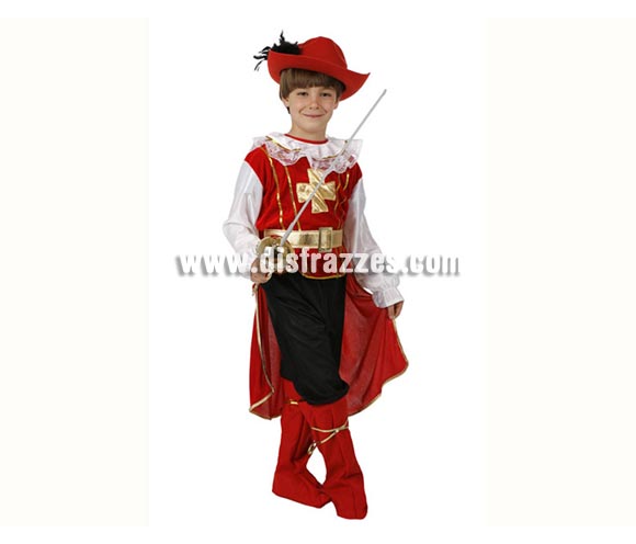 Disfraz de Mosquetero lujo para niños de 10 a 12 años. Incluye sombrero, camisa con capa, pantalón y cubrebotas. Espada  NO incluida, podrás verla en la sección de Complementos.