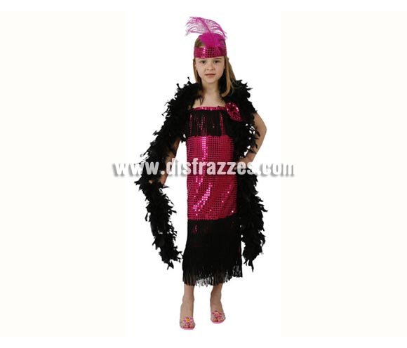 Disfraz de Charlestón fucsia para niñas de 10 a 12 años. Incluye vestido y cinta de la cabeza. Boa NO incluida, podrás verla en la sección de Complementos.