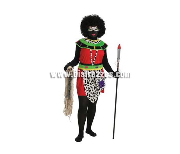 Disfraz de Africana para mujer. Talla Universal. Contiene: Vestido, cinturon, bolso, cuello, peluca, medias, y calavera. (Sin sueter, guantes ni lanza)