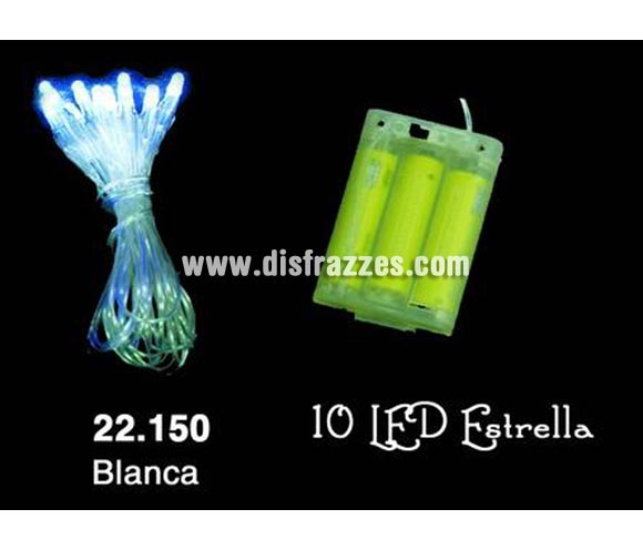 Guirnalda de 10 LED de color blanco para interior. Funciona con pilas, marca CE. Ideal para decorar el árbol de Navidad o cualquier espacio.
