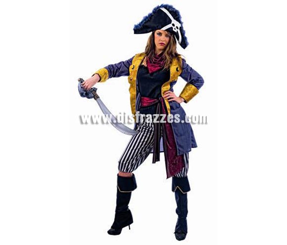 Disfraz de Pirata Bucanera Deluxe para mujer. Alta calidad, hecho en España. Disponible en varias tallas. Incluye chaqueta con camisa, pantalón, fajín, pañuelo,botas y sombrero. Espada NO incluida, podrás encontrar en nuestra sección de Complementos. Éste disfraz hace pareja con la ref. MA012LI.