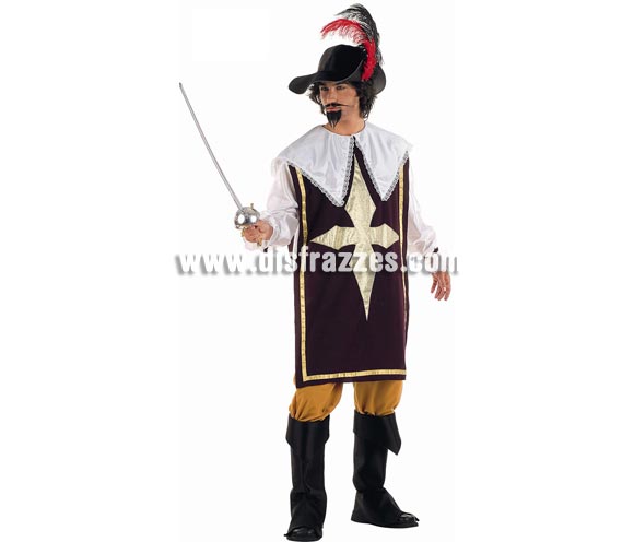 Disfraz de Mosquetero Deluxe para hombre. Alta calidad, hecho en España. Disponible en varias tallas. Incluye casaca con camisa, pantalón, botas y sombrero. Florete NO incluido, podrás encontrar en nuestra seccón de Complementos. Éste disfraz hace pareja con la ref. MA437LI.