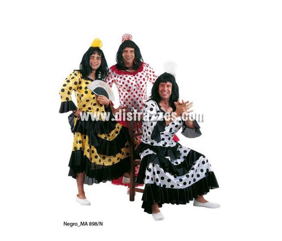 Disfraz de Flamenca o Sevillana de hombre blanco/negro Deluxe. Alta calidad. Hecho en España. Disponible en varias tallas. Incluye vestido con relleno. Peluca NO incluida, podrás verla en la sección Pelucas.